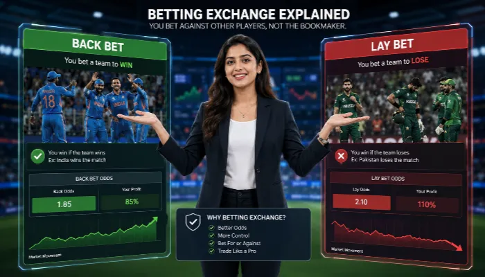Back Betting vs Lay Betting Explained Indian woman explaining back betting and lay betting concepts on a betting exchange.