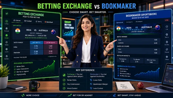 Professional Indian female financial analyst comparing betting exchange and bookmaker platforms on digital screens displaying sports betting markets and odds analysis. Betting Exchange vs Bookmaker Comparison Explained by Financial Analyst