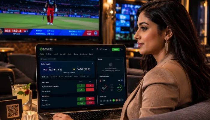 Cricket Exchange Platform Explained Indian woman learning how cricket exchange platforms work on laptop