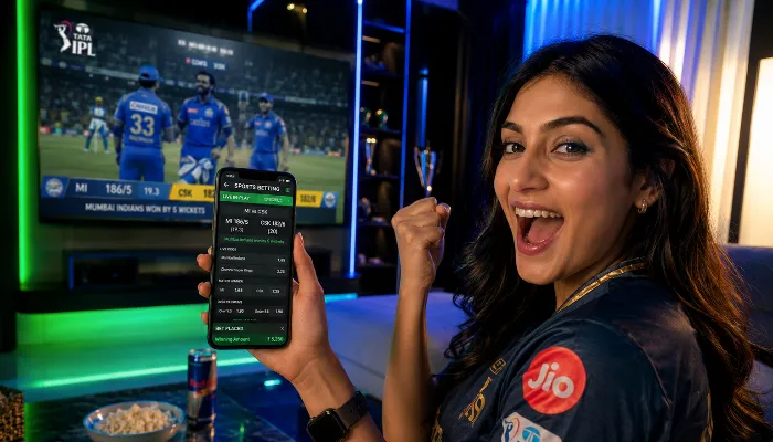 Live Cricket Betting Platforms Indian girl using live cricket betting app during IPL match