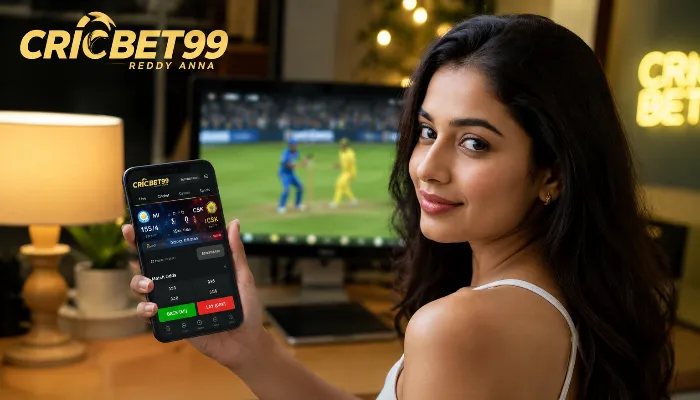 Attractive Indian girl using Cricbet99 Reddy Anna live cricket betting platform on smartphone