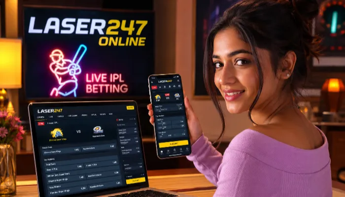 Attractive Indian woman using Laser247 online platform for IPL cricket betting on smartphone