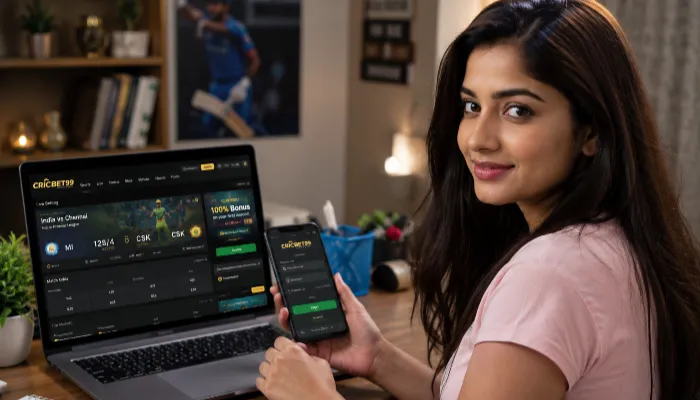 Indian woman accessing Cricbet99 Reddy Anna login and signup page
