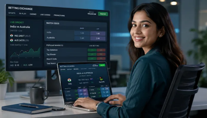 Young Indian woman learning how online betting exchanges work on a laptop.