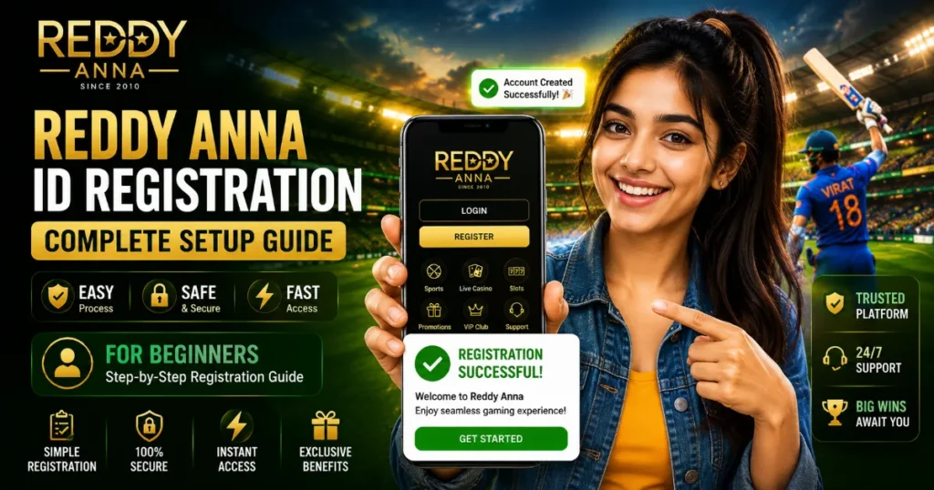 Reddy Anna New ID Registration Guide for Beginners Step-by-step Reddy Anna new ID process shown on smartphone with live cricket betting dashboard