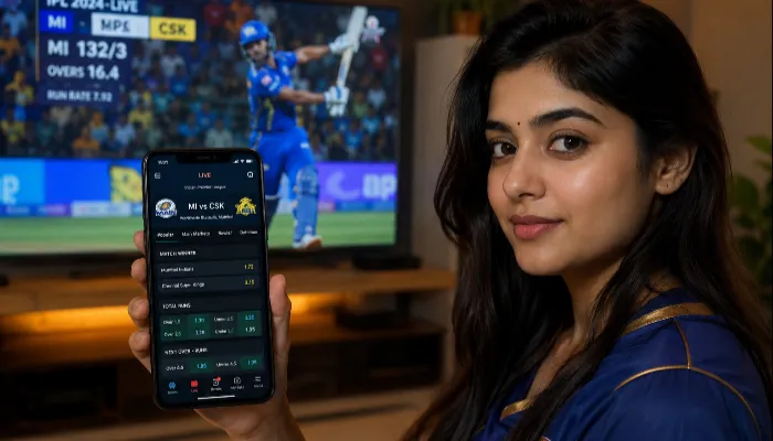 Indian woman checking live cricket betting odds during IPL match
