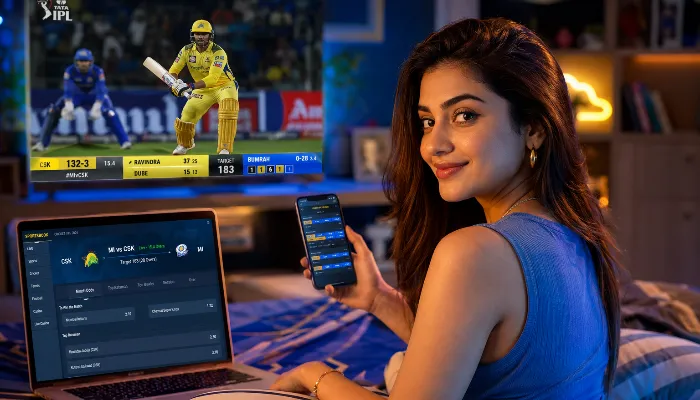 Attractive Indian woman learning online cricket betting during live IPL match