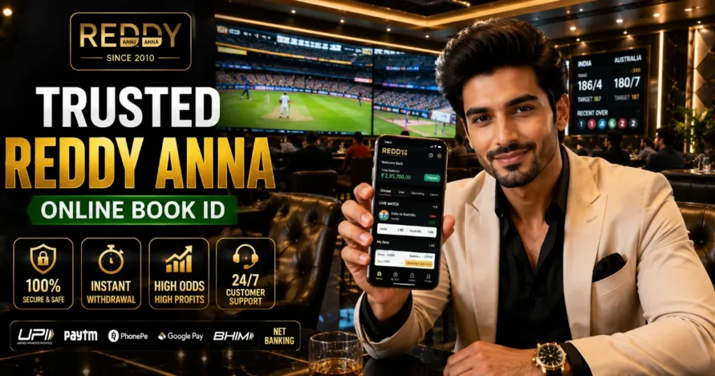 Trusted Reddy Anna Online Book ID – Premium Cricket Betting Experience Trusted Reddy Anna online book ID dashboard displayed on smartphone inside a luxury live cricket betting lounge