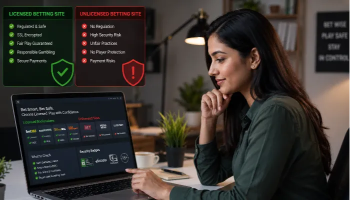 How to Choose Licensed and Trusted Betting Sites Indian woman verifying the legitimacy of an online betting website.