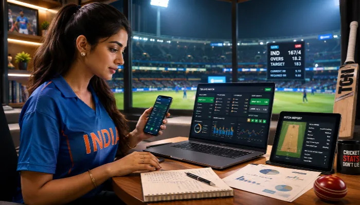 Attractive Indian woman analyzing T20 cricket betting strategies and match statistics.
