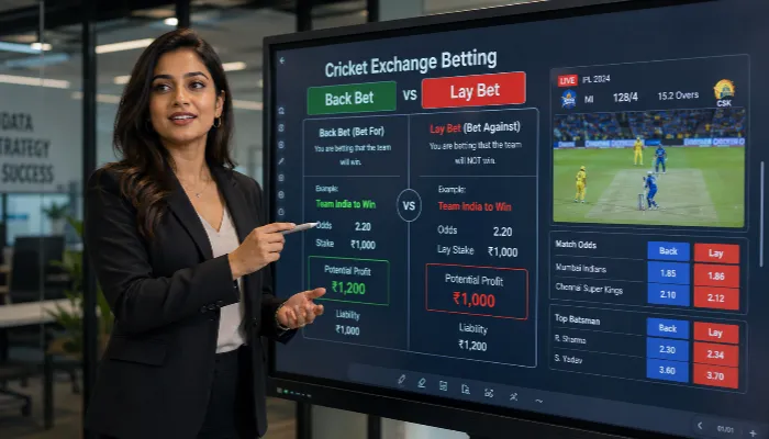 Back and Lay Betting Explained Indian woman explaining back and lay betting in cricket exchange markets.