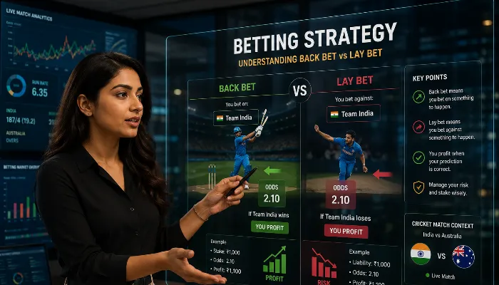 Back Bet vs Lay Bet Explained Indian woman explaining back betting and lay betting concepts.