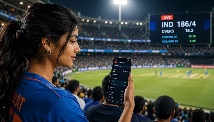 Live T20 Betting Tips and Strategies Indian woman monitoring live T20 betting odds during a cricket match.