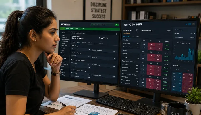 Sportsbook and Betting Exchange Odds Comparison Indian bettor comparing sportsbook odds and betting exchange odds.