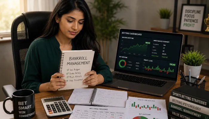 Bankroll Management for Beginner Bettors Indian woman tracking betting results and managing a sports betting bankroll.