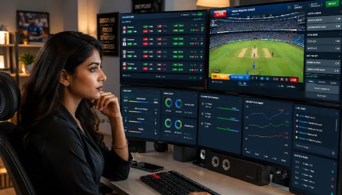 Indian woman analyzing live sports betting odds and in-play betting strategies.