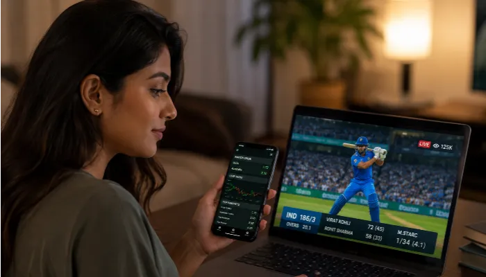 Live Cricket Betting Odds Example Indian woman monitoring live cricket betting odds and match statistics.