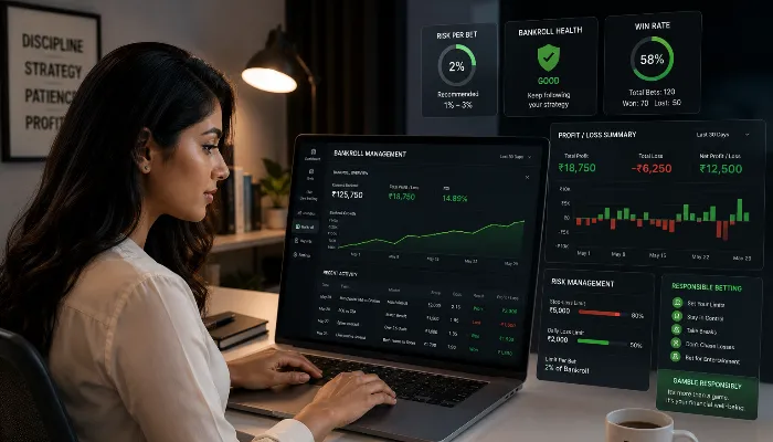 Learn how bankroll management helps reduce risks in live betting. Indian woman managing bankroll and tracking live betting performance.