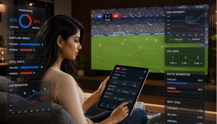 How live statistics can improve in-play betting decisions. Indian woman using live match statistics for in-play betting strategy.