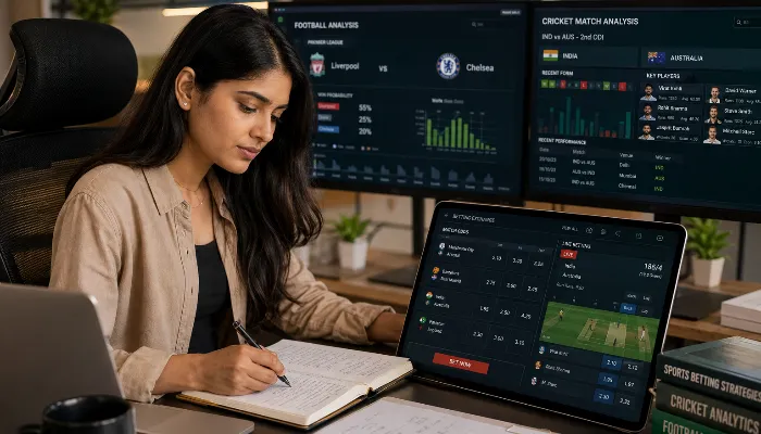Sports Betting Research for Beginners Indian woman researching sports statistics before placing a betting wager.