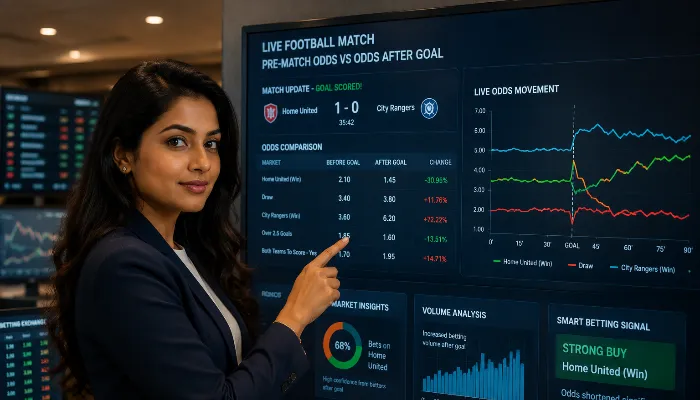 Football Live Odds Movement Example Indian woman explaining live football odds movement after a goal.