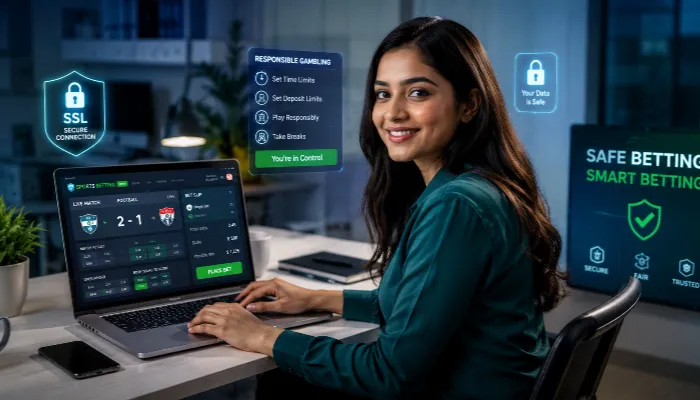 Attractive Indian woman practicing safe online betting using a secure betting platform.