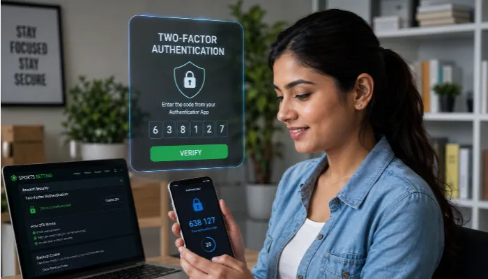 Protect Your Betting Account with Strong Security Measures Indian woman securing her betting account with two-factor authentication.