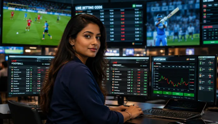 Indian woman analyzing live betting odds during a sports match.