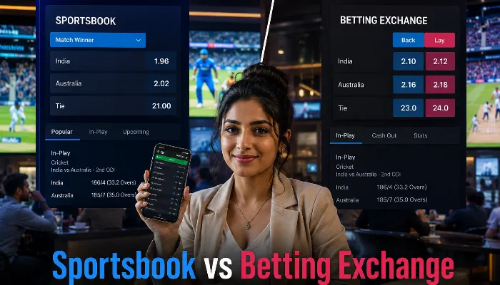 Indian woman comparing sportsbook and betting exchange platforms on a mobile betting app.