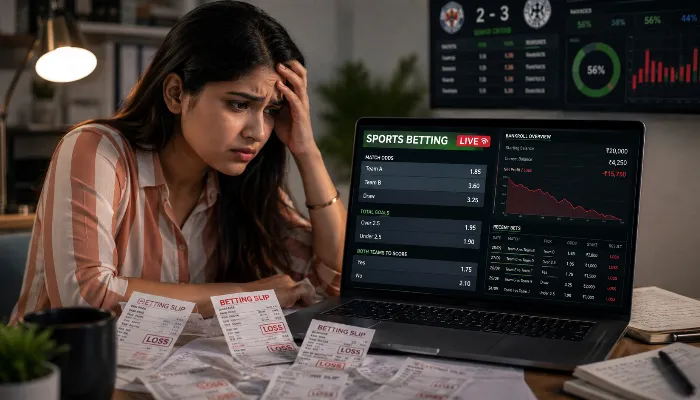 Attractive Indian woman reviewing sports betting mistakes and bankroll losses on a laptop.